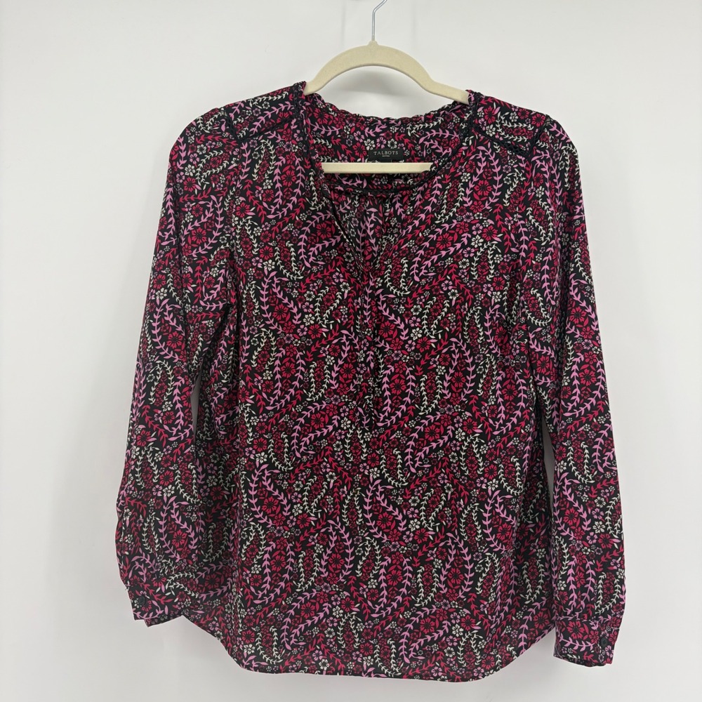 Talbots Petite P (XSP) Pink Black Floral Blouse Lace Trim Long Sleeve Split Neck